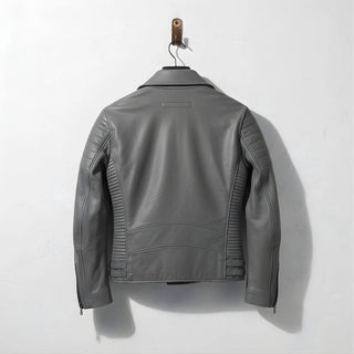 back view of men's grey leather moto jacket with ribbed side panels.