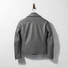 back view of men's grey leather moto jacket with ribbed side panels.