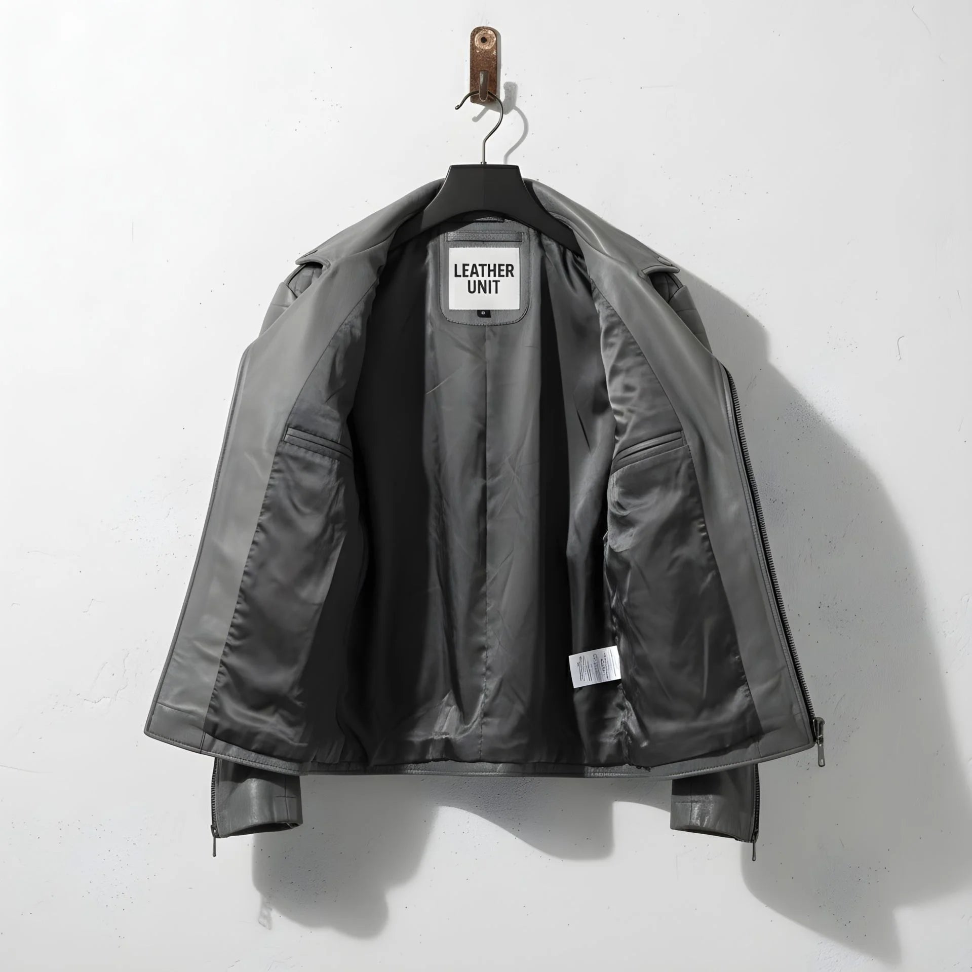 interior of men's grey leather biker jacket showing full grey lining and inside pockets.