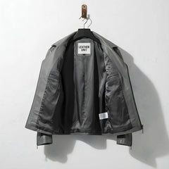 interior of men's grey leather biker jacket showing full grey lining and inside pockets.