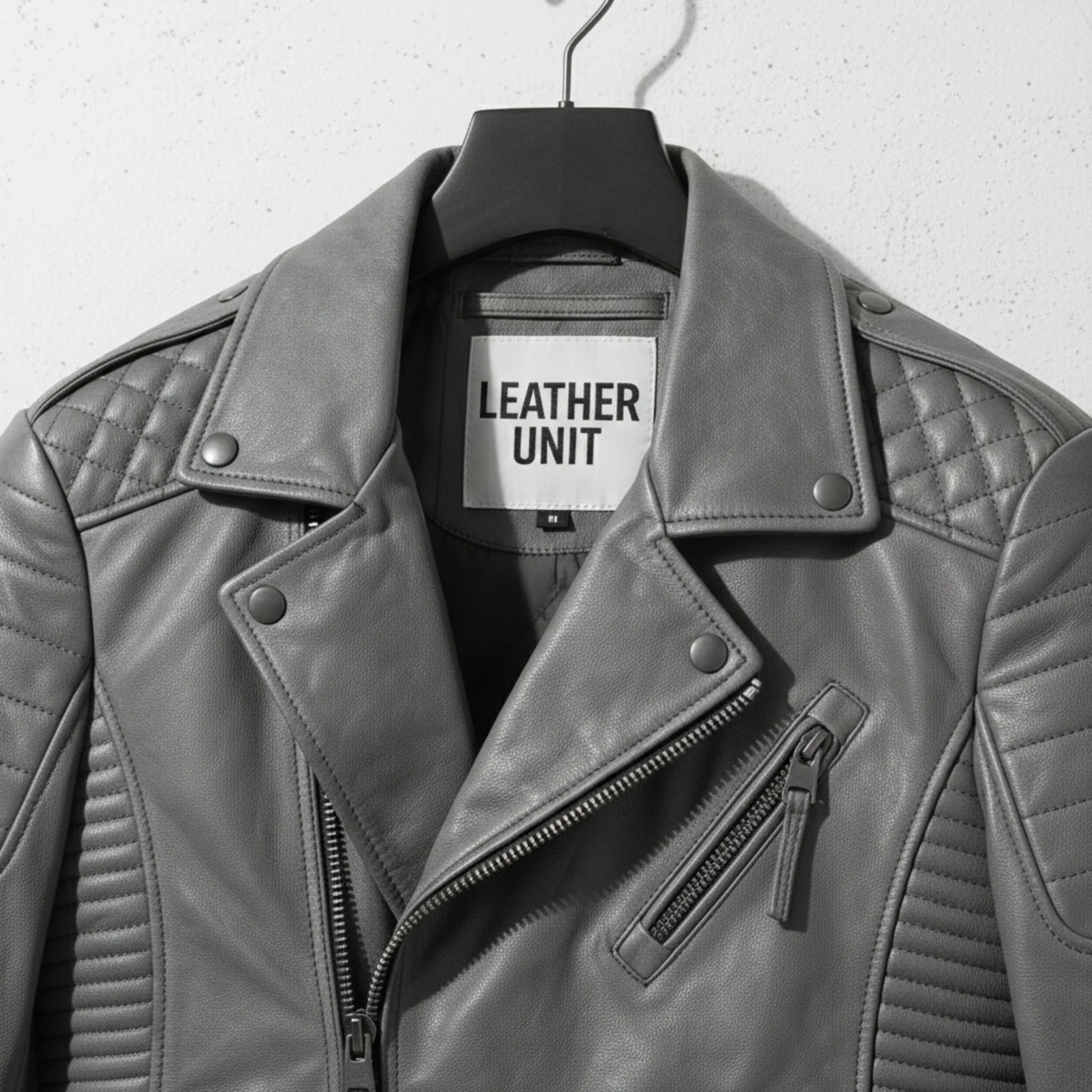 close up of collar and chest zipper pocket on men's grey leather biker jacket by Leather Unit.
