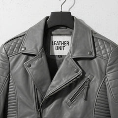 close up of collar and chest zipper pocket on men's grey leather biker jacket by Leather Unit.