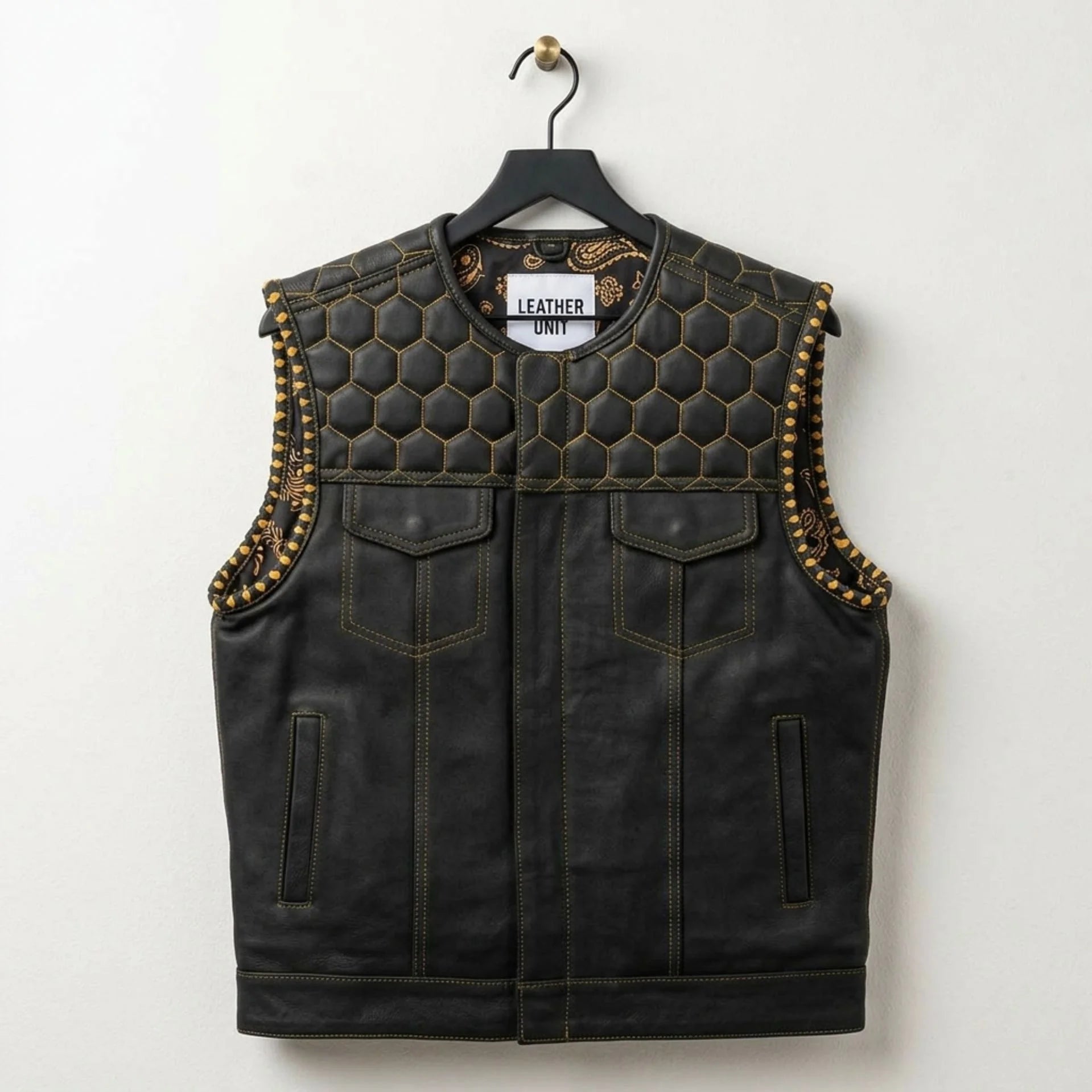 Front view of men's black honeycomb quilted leather biker vest by Leather Unit
