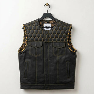 Front view of men's black honeycomb quilted leather biker vest by Leather Unit