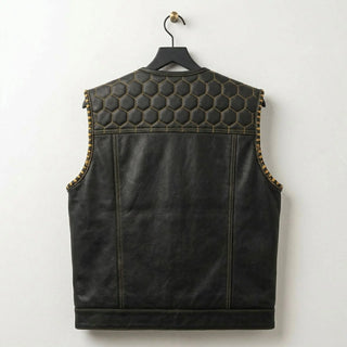 Back view of men's black leather vest with honeycomb quilted yoke