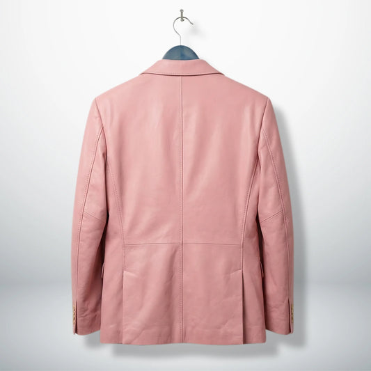 Back view of men’s pastel pink leather blazer with center seam