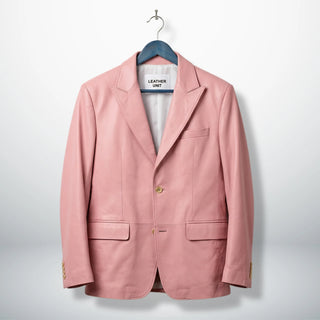 Front view of men’s light pink leather blazer jacket by Leather Unit