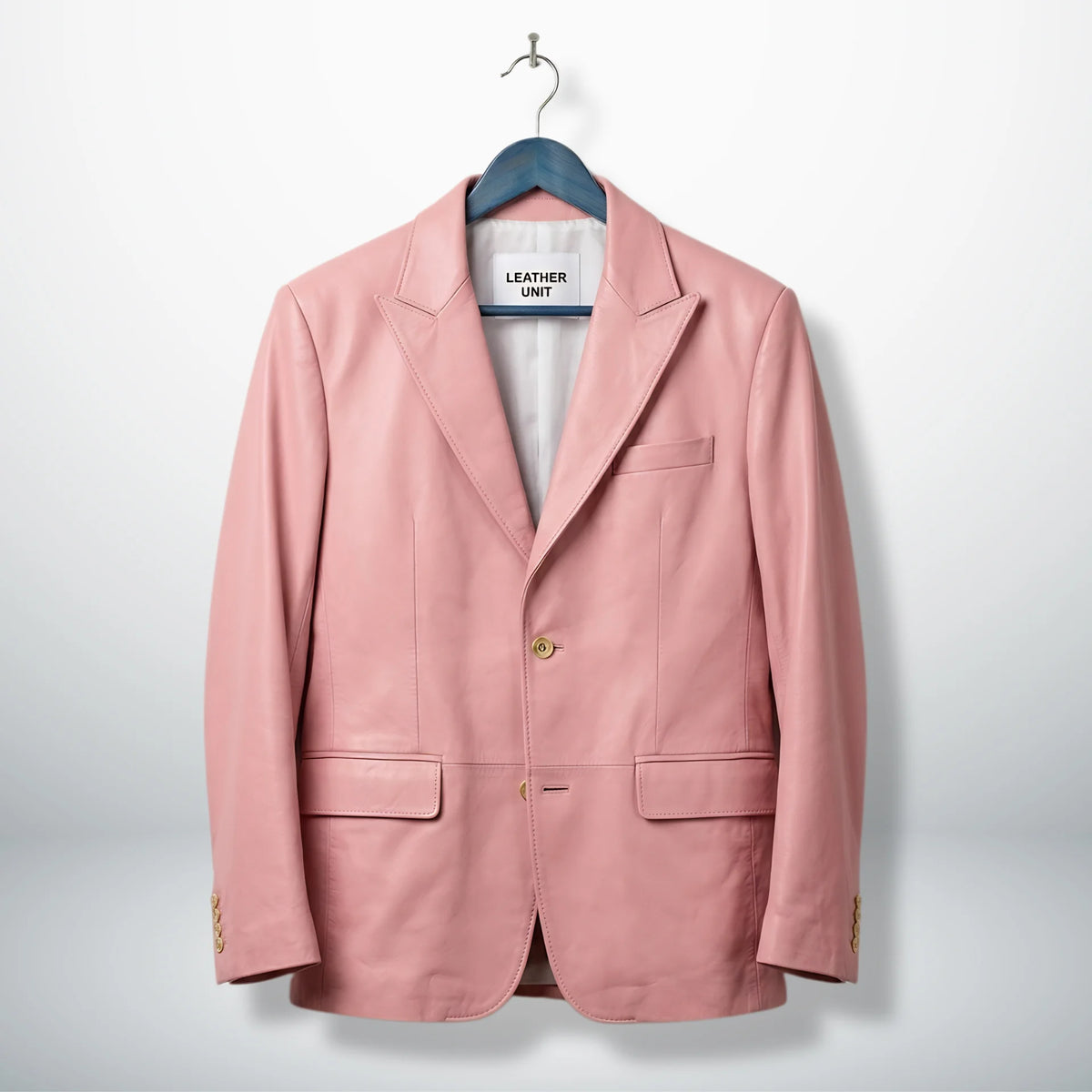 Front view of men’s light pink leather blazer jacket by Leather Unit