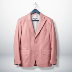 Front view of men’s light pink leather blazer jacket by Leather Unit