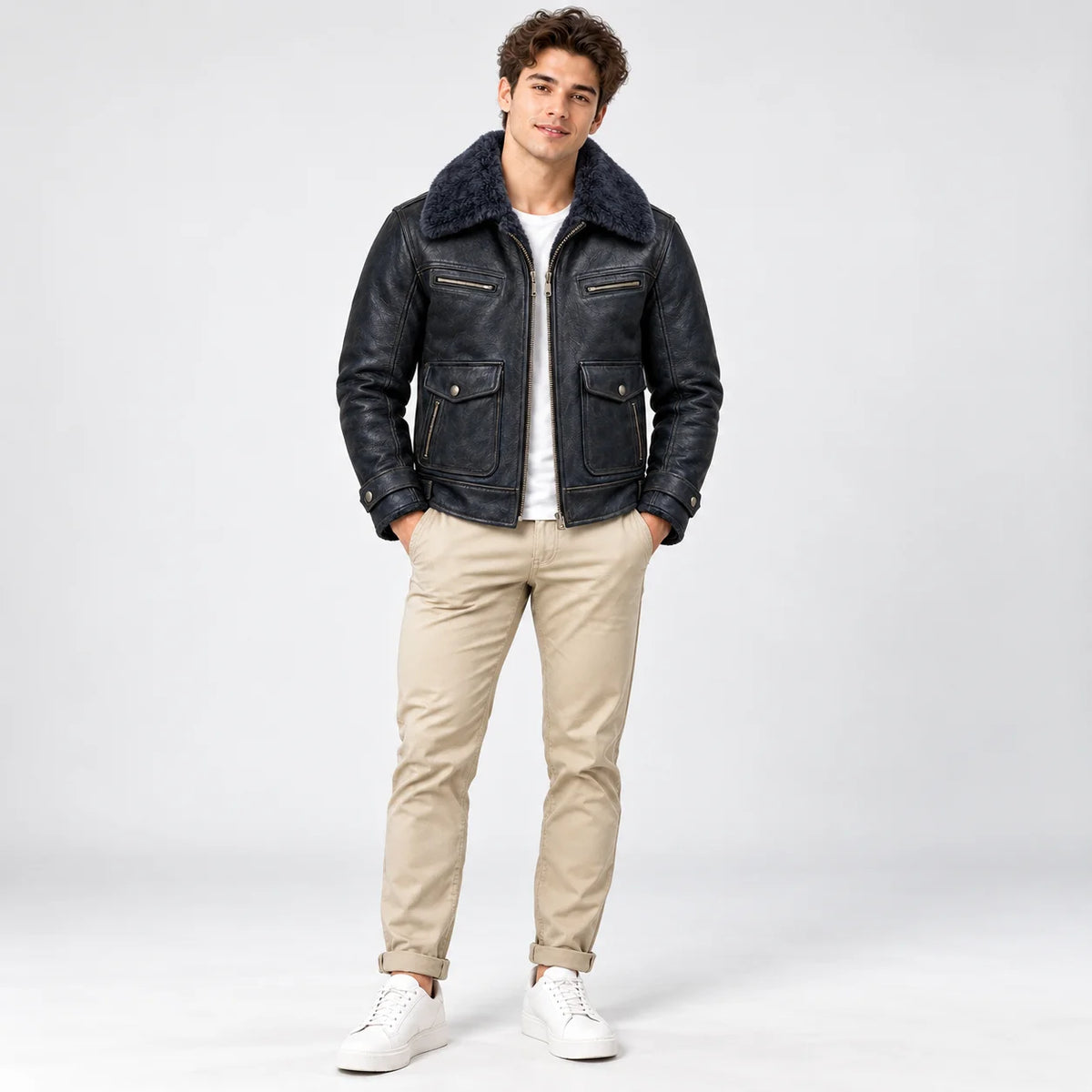 Front model view of navy sheepskin aviator jacket with four utility pockets, faux fur collar and centre zip
