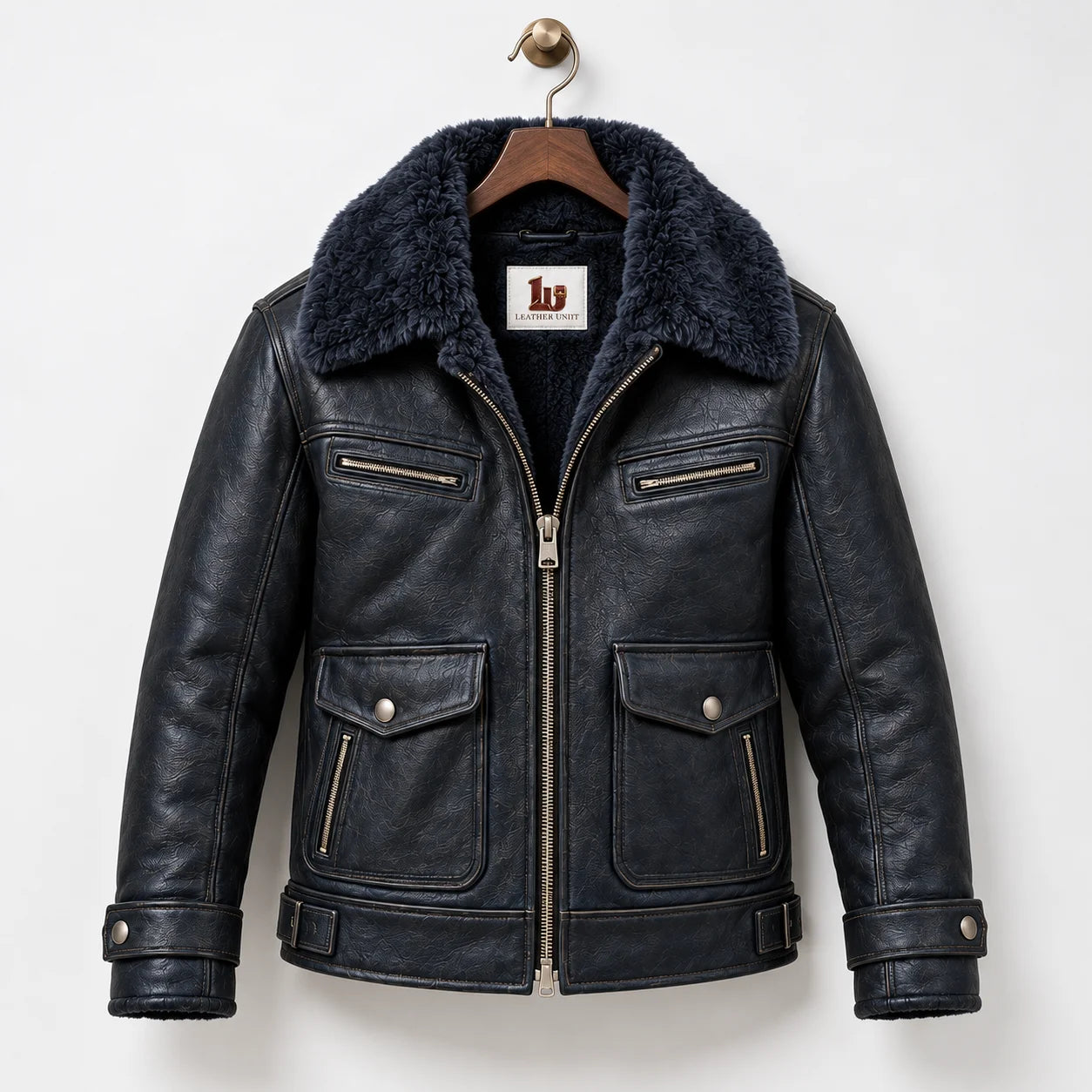 Front hanger view of navy sheepskin flight jacket with faux fur collar, chest zips and lower patch pockets