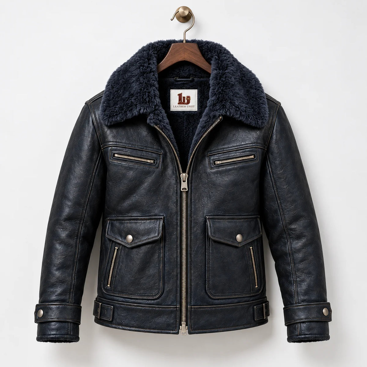 Front hanger view of navy sheepskin flight jacket with faux fur collar, chest zips and lower patch pockets
