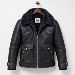 Front hanger view of navy sheepskin flight jacket with faux fur collar, chest zips and lower patch pockets