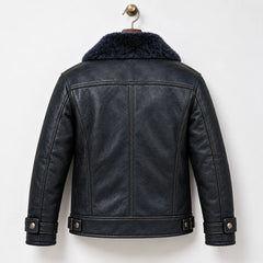 Back hanger view of navy leather flight jacket showing natural grain, panel seams and adjustable hem tabs