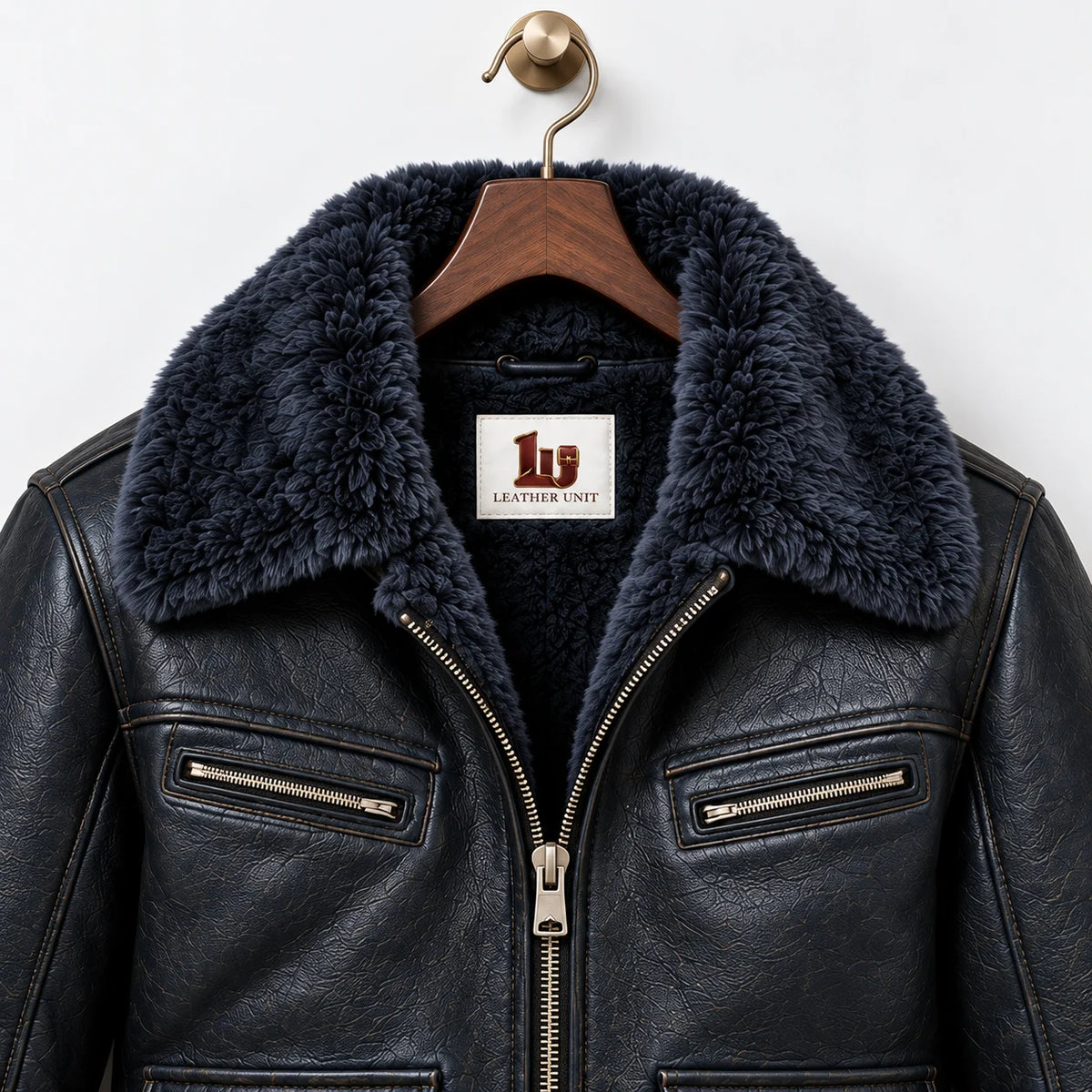 Close-up of midnight navy faux fur collar, natural grain sheepskin leather and zipped chest pockets