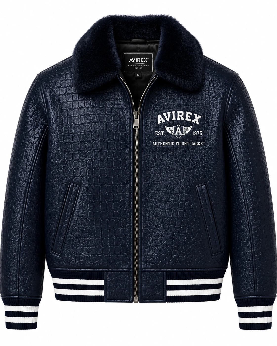 Front view of navy leather flight bomber jacket showing plush collar, embroidered chest graphic and angled pockets