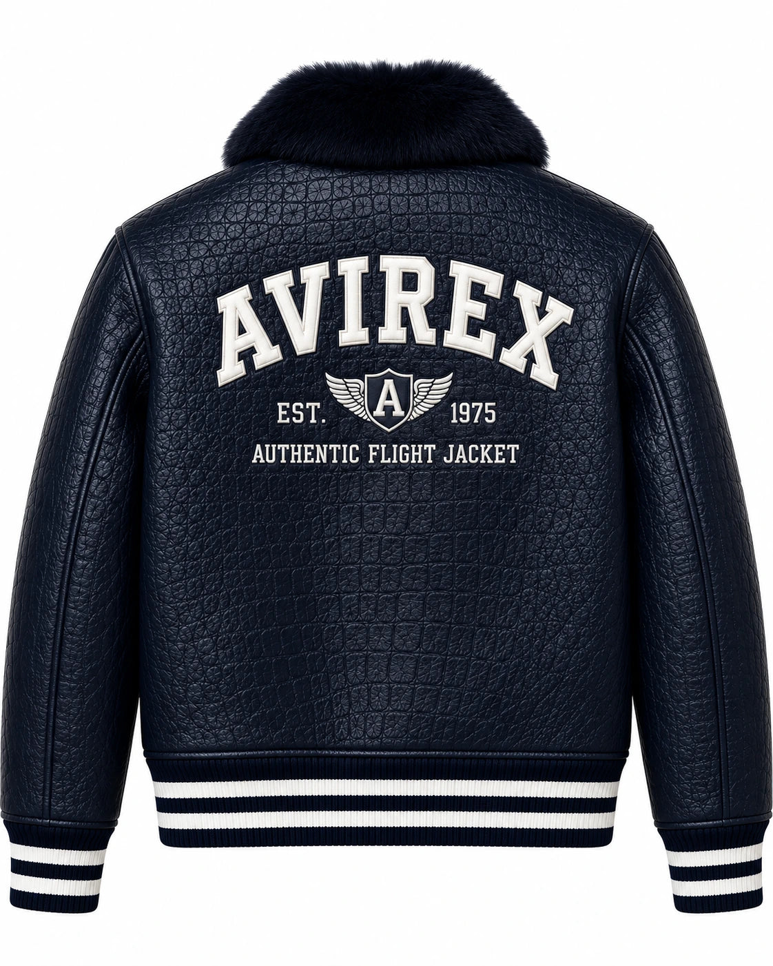 Full back view of navy aviator leather jacket with white flight graphic, textured finish and striped ribbed waistband