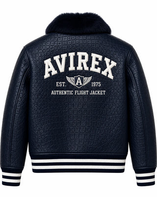 Full back view of navy aviator leather jacket with white flight graphic, textured finish and striped ribbed waistband
