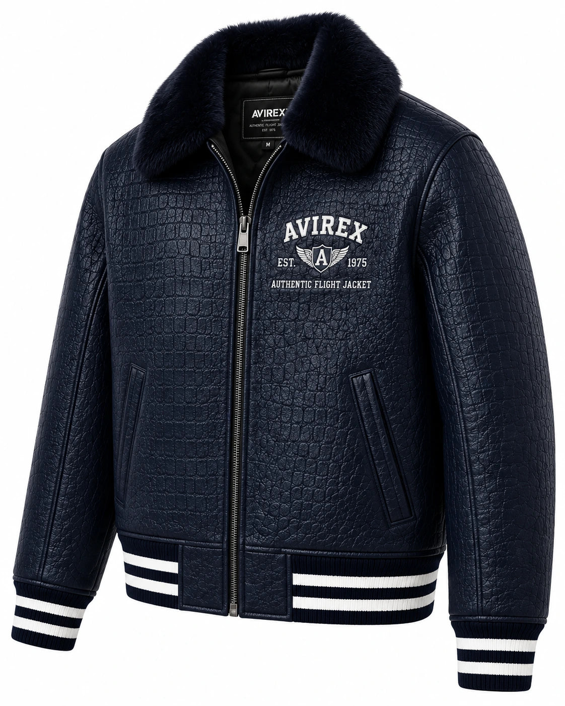 Men’s navy cowhide leather aviator bomber with croc texture, plush fur collar, zip front and striped ribbed trims