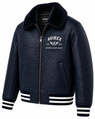 Men’s navy cowhide leather aviator bomber with croc texture, plush fur collar, zip front and striped ribbed trims