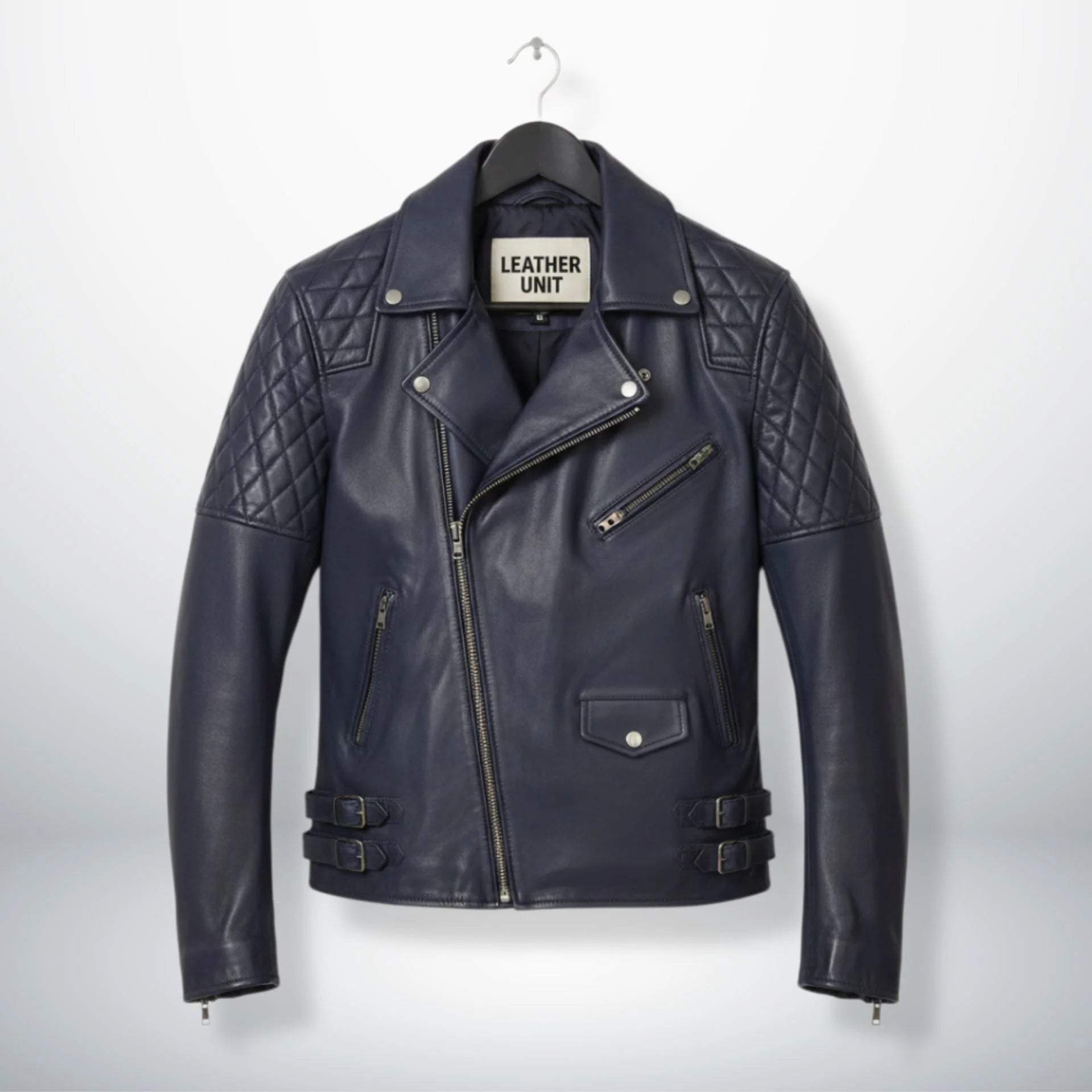 front view of men's navy leather biker jacket with quilted shoulders.