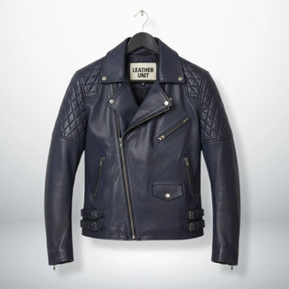 front view of men's navy leather biker jacket with quilted shoulders.