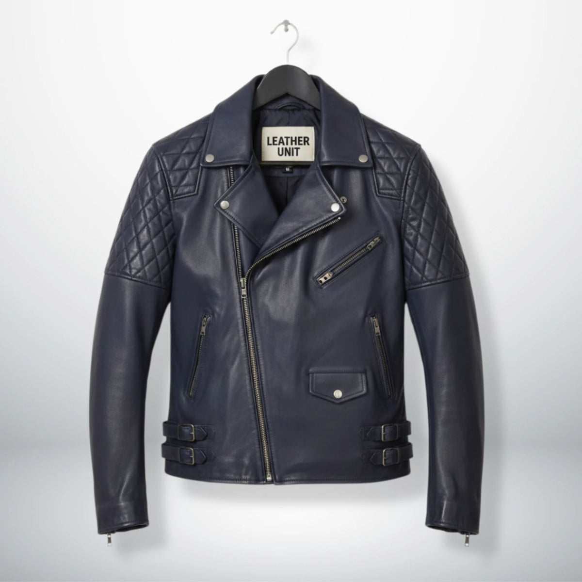 front view of men's navy leather biker jacket with quilted shoulders.