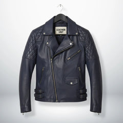 front view of men's navy leather biker jacket with quilted shoulders.