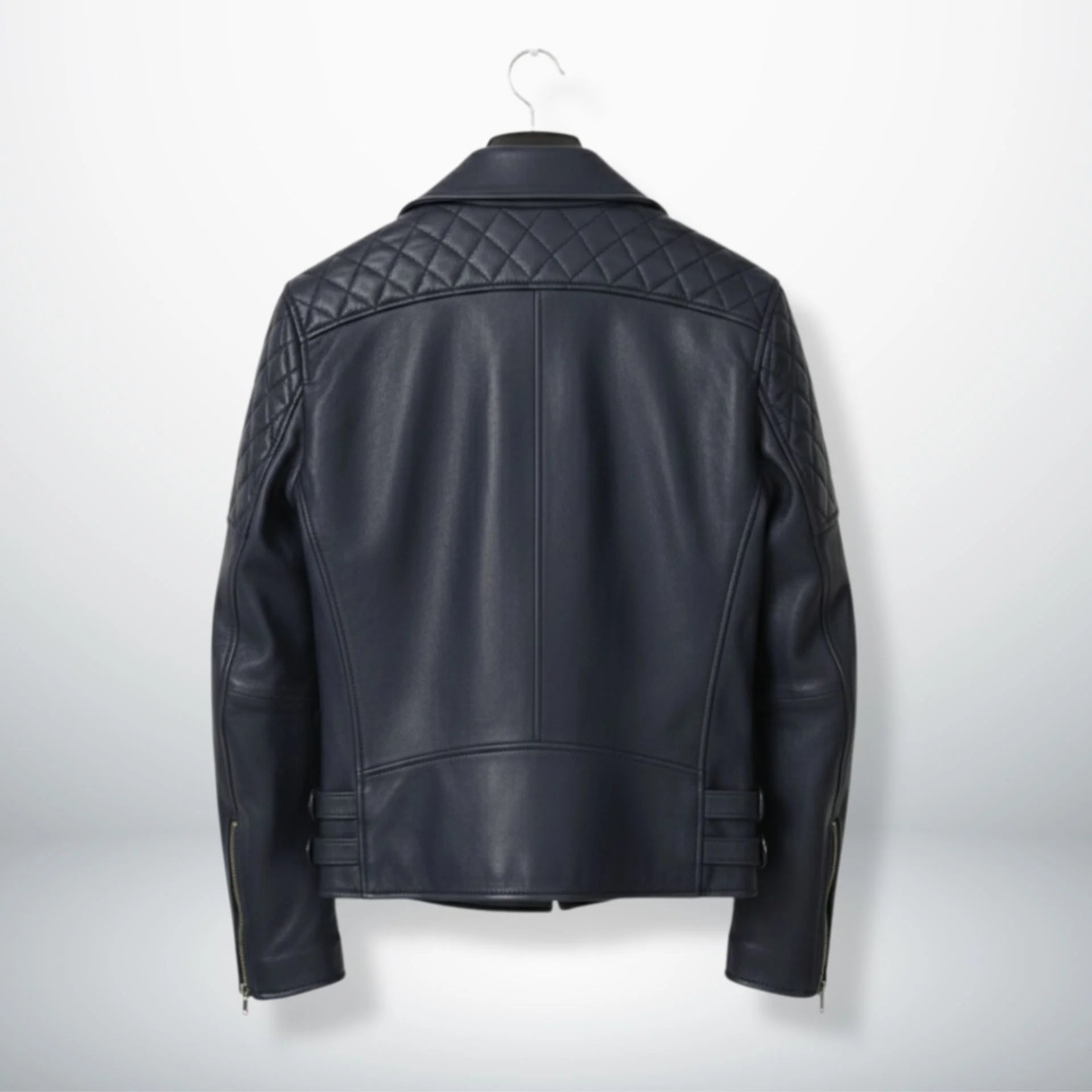 back view of men's navy motorcycle leather jacket with quilted yoke.