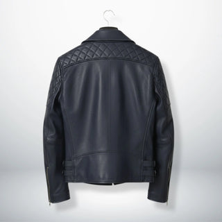 back view of men's navy motorcycle leather jacket with quilted yoke.