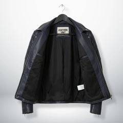 interior of men's navy leather biker jacket showing black lining.
