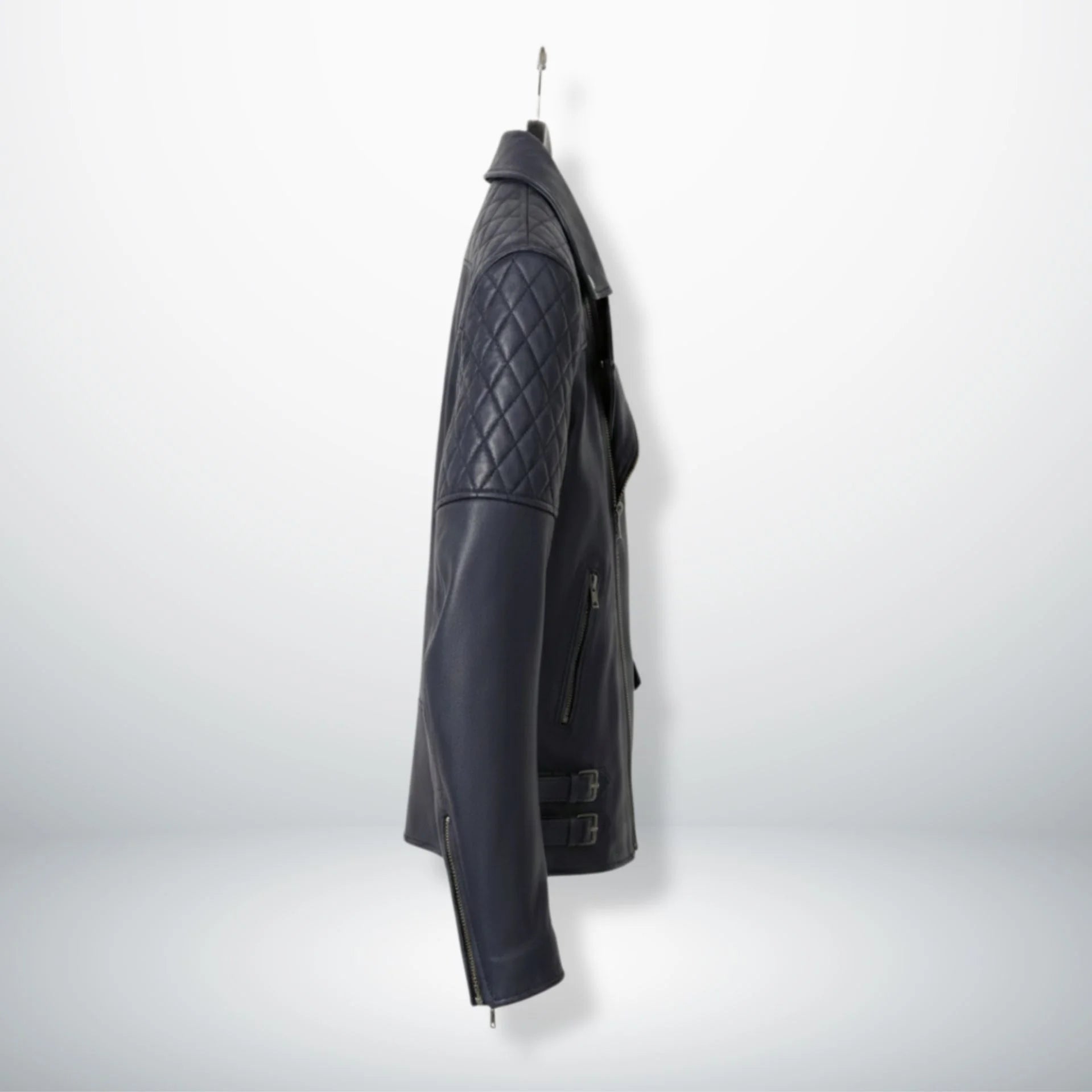 side profile of men's navy quilted leather motorcycle jacket.