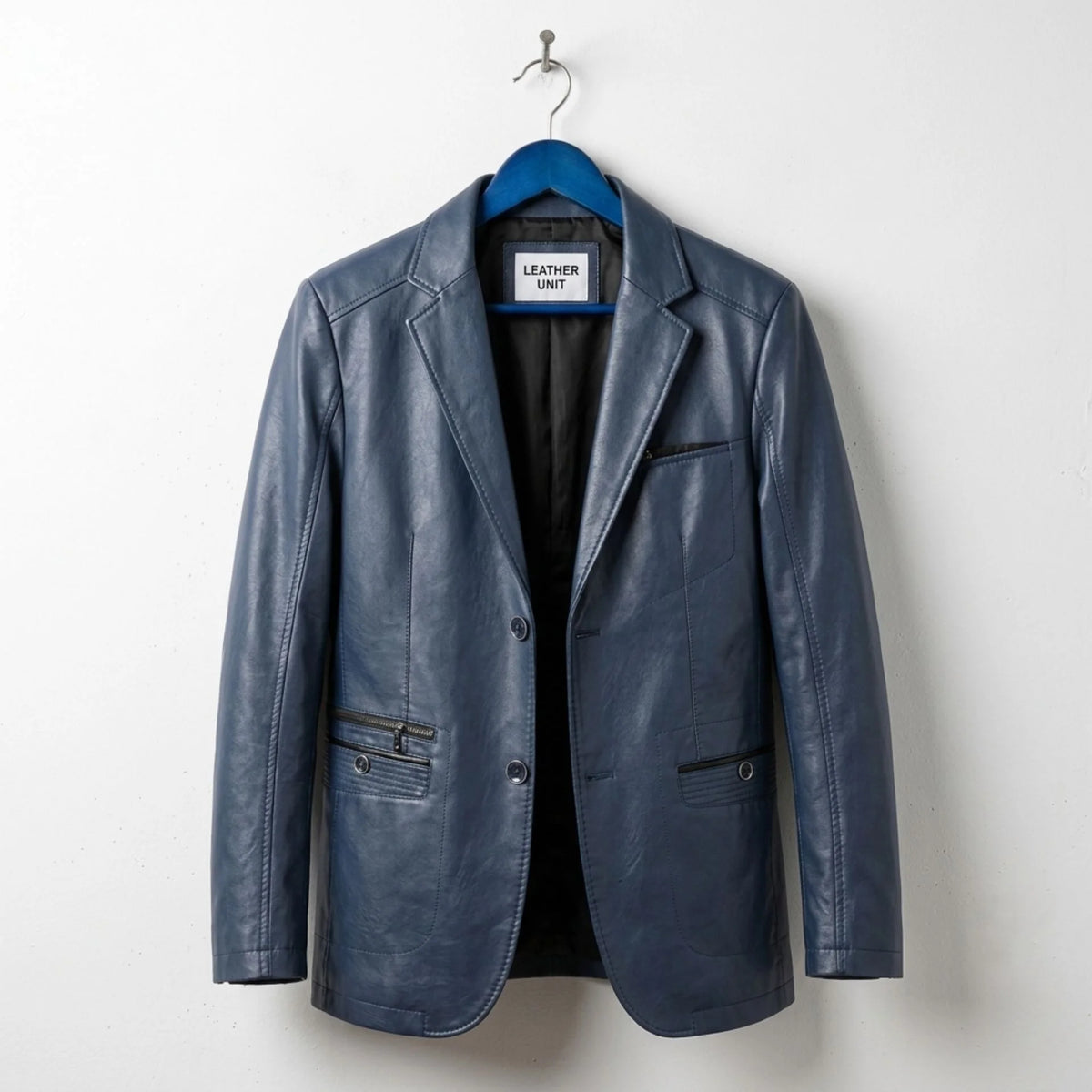 Front view of men's navy blue leather blazer jacket by Leather Unit.
