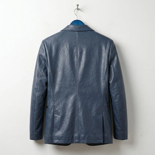 Back view of men's navy leather blazer with clean tailored seams.