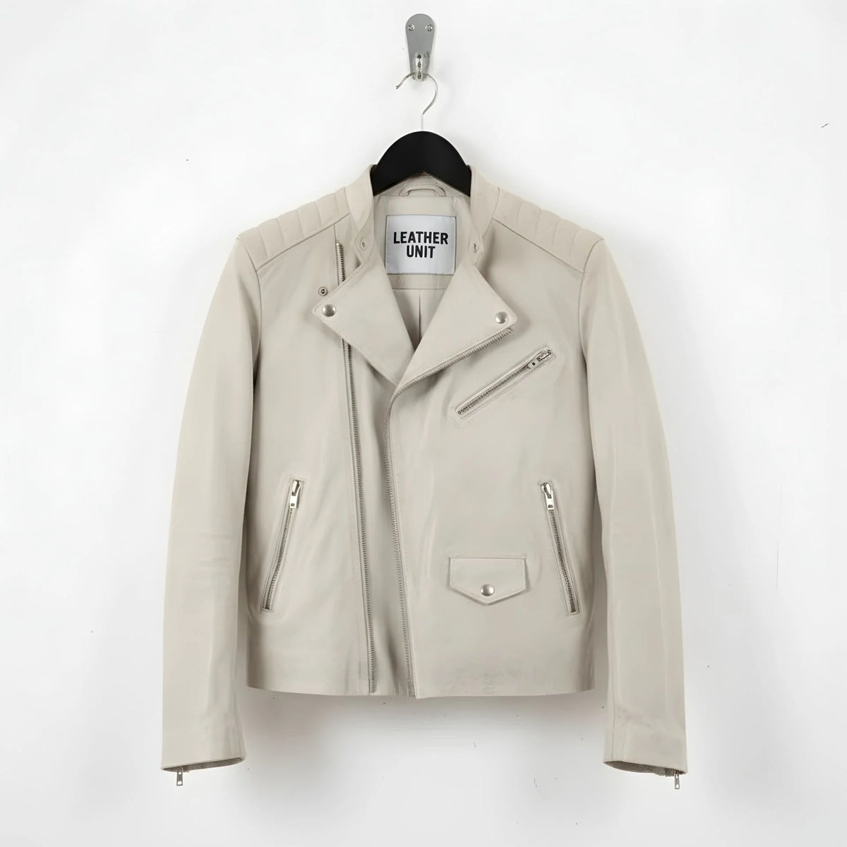 front view of men's off white leather biker jacket with asymmetrical zip.