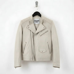 front view of men's off white leather biker jacket with asymmetrical zip.