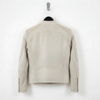 back view of men's off white leather jacket with quilted shoulder panels.