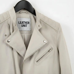 close up of collar and zipper detail on men's off white leather biker jacket by Leather Unit.