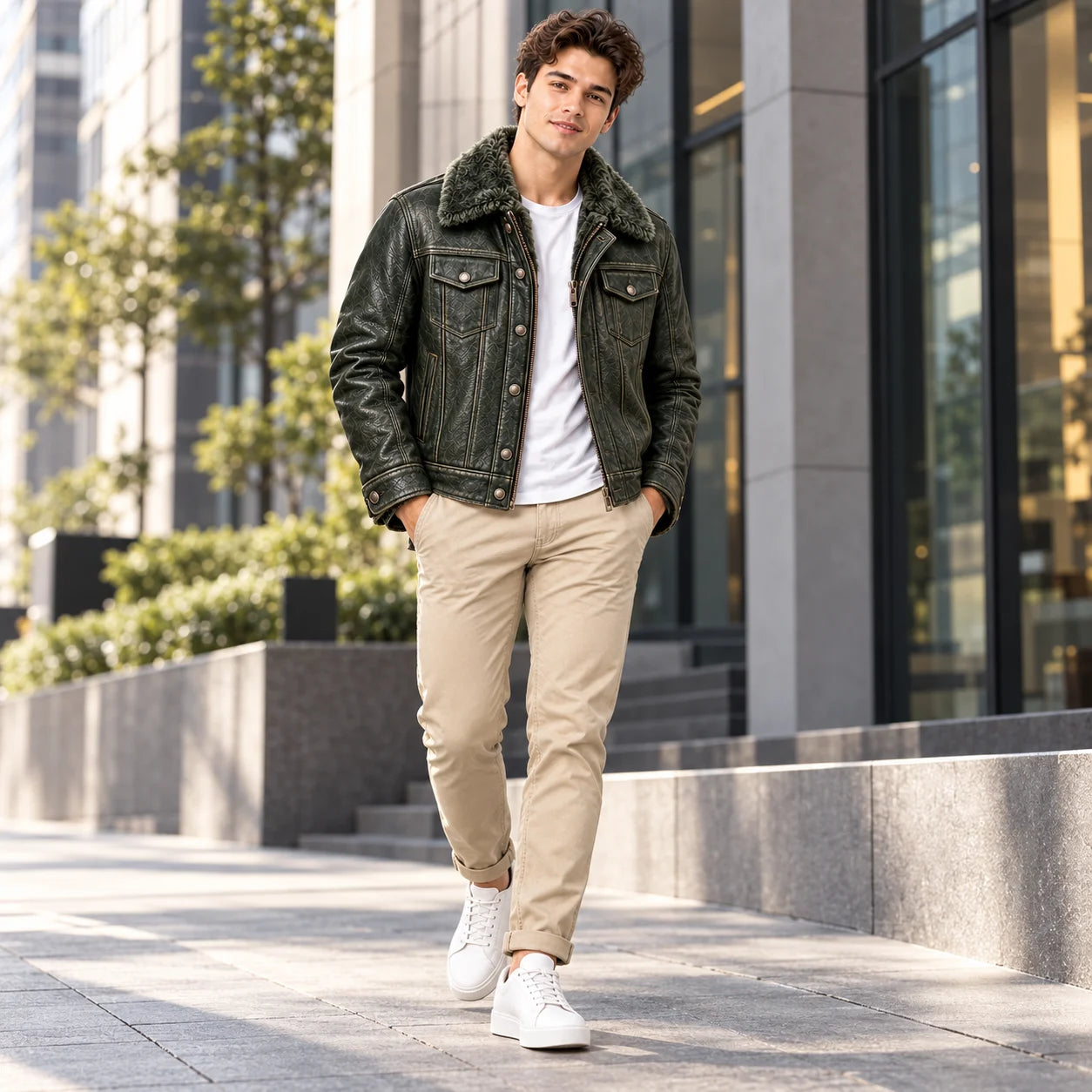 Men wearing olive green leather trucker jacket with faux fur collar in a modern urban outdoor setting