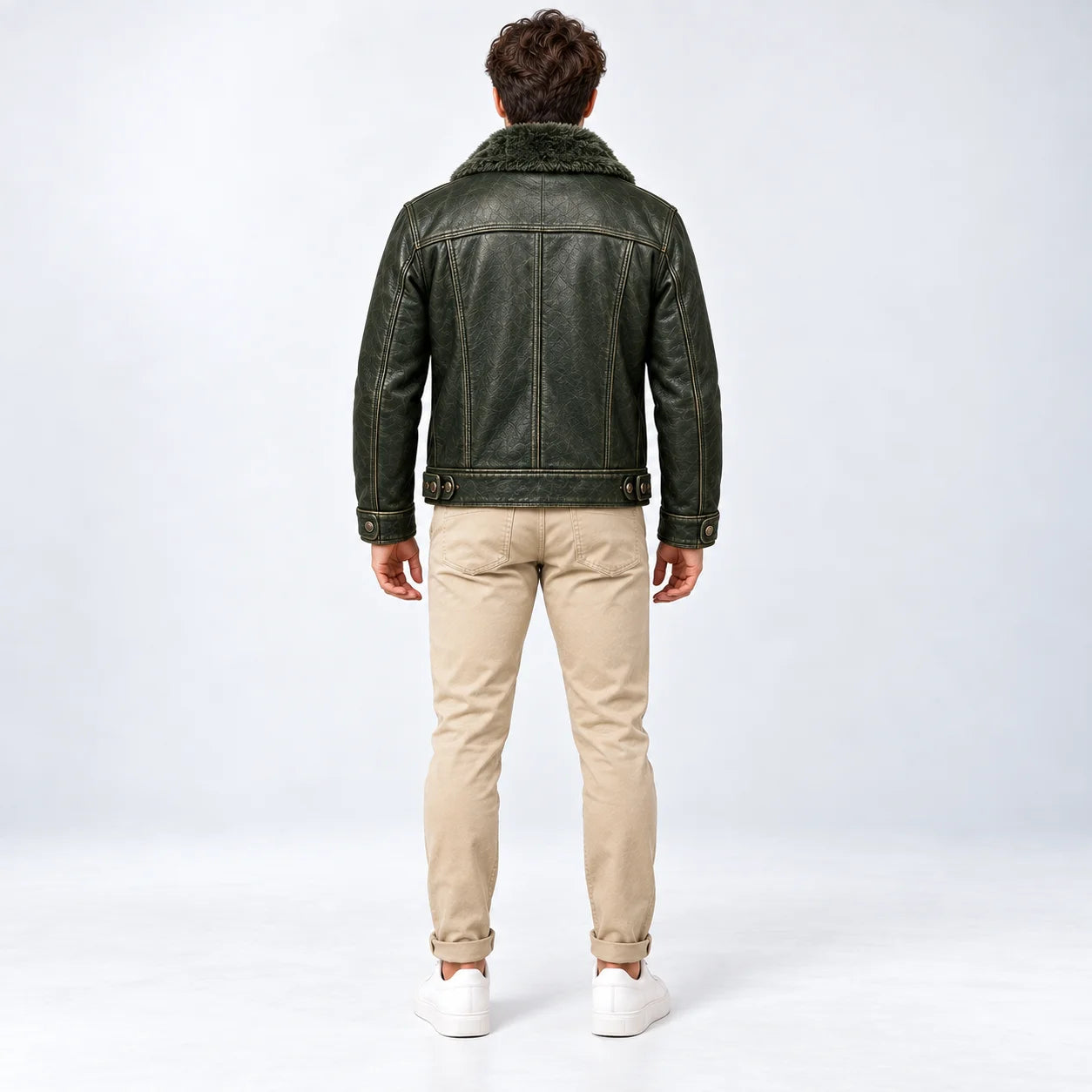 Rear model view of dark olive trucker jacket showing faux fur collar, shoulder yoke and waist adjusters