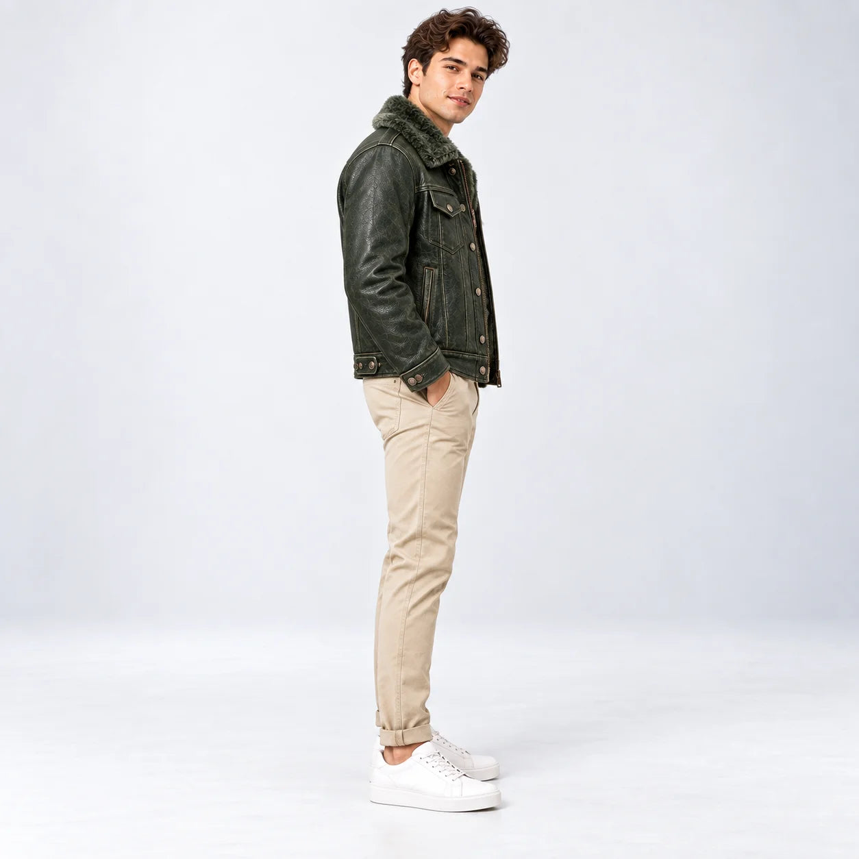 Side profile of men’s olive green trucker jacket showing shirt-style fur collar and vertical hand pocket