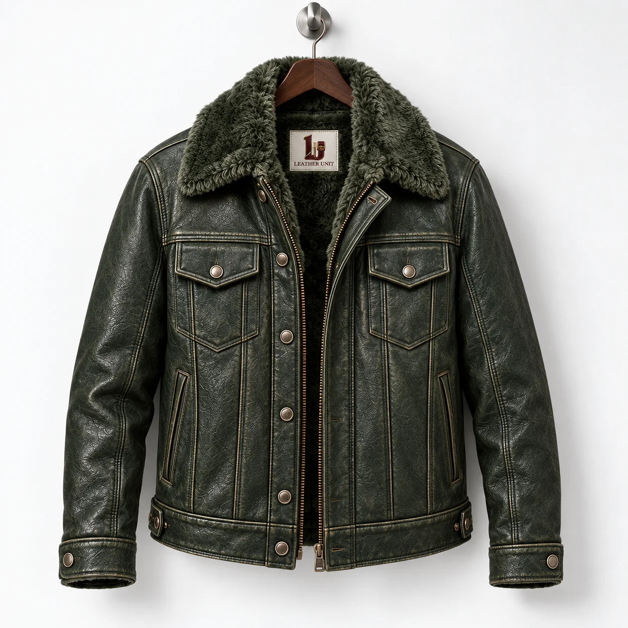 Front hanger view of olive green jacket with faux fur collar, two chest flap pockets and centre closure