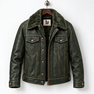 Front hanger view of olive green jacket with faux fur collar, two chest flap pockets and centre closure