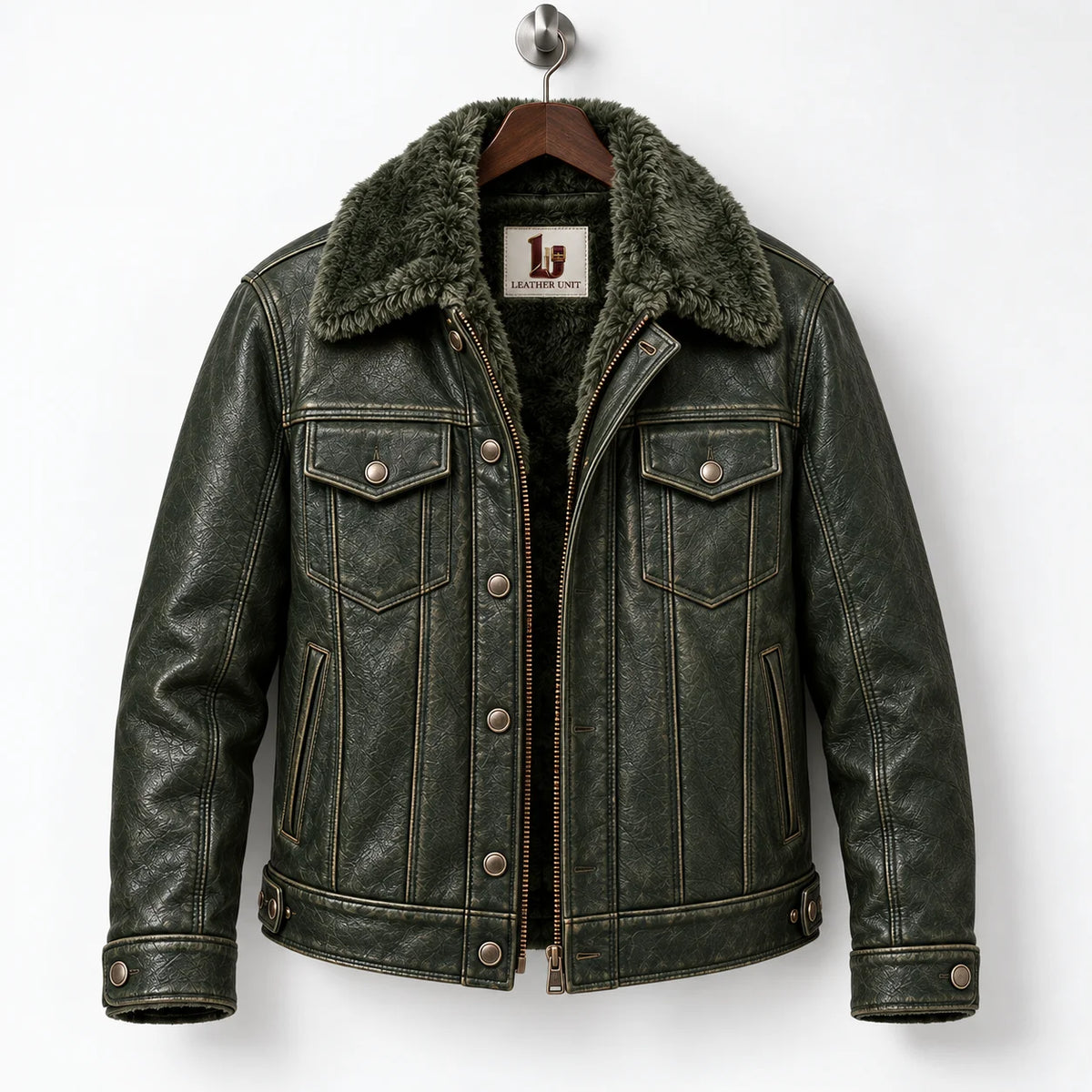 Front hanger view of olive green jacket with faux fur collar, two chest flap pockets and centre closure