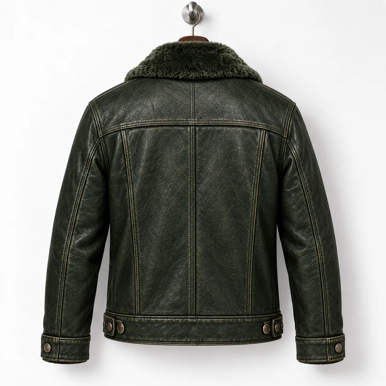 Back hanger view of olive green trucker jacket showing panel seams, shoulder yoke and side waist tabs