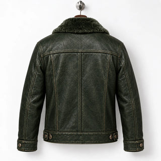 Back hanger view of olive green trucker jacket showing panel seams, shoulder yoke and side waist tabs