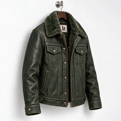 Three-quarter view of olive green trucker jacket highlighting textured finish, faux fur collar and pockets
