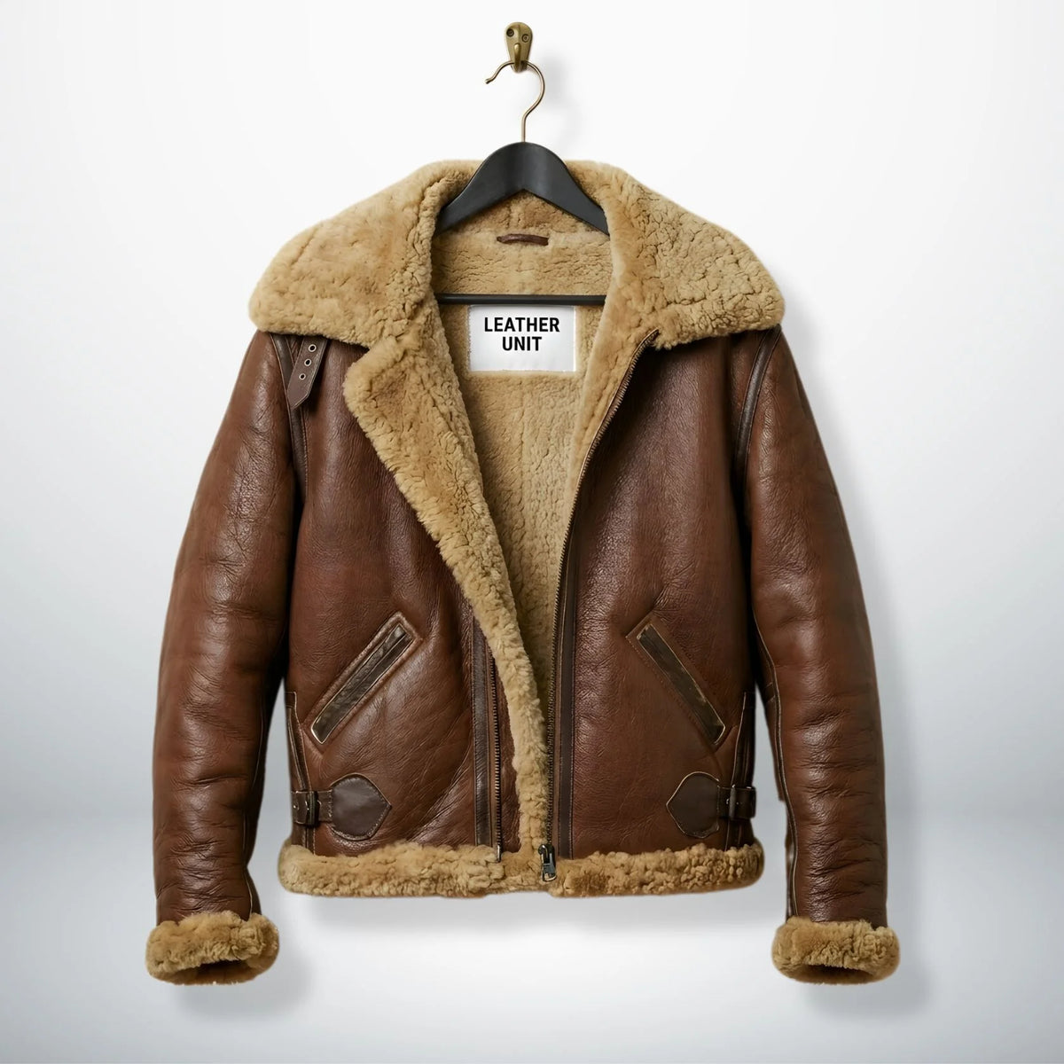 front view mens brown pilot b3 aviator leather jacket with shearling lining by Leather Unit.