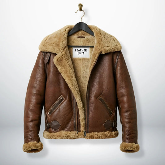 front view mens brown pilot b3 aviator leather jacket with shearling lining by Leather Unit.