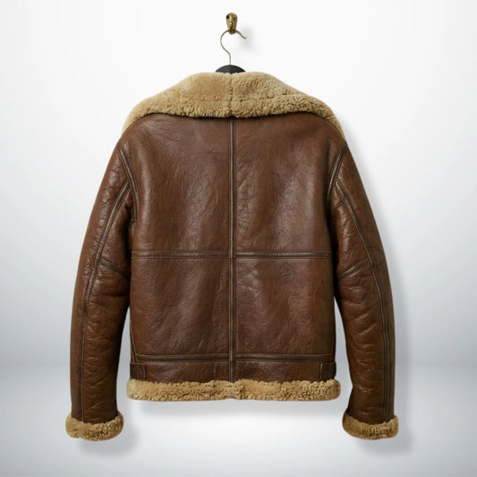 back view mens brown b3 aviator leather jacket with panelled seams.